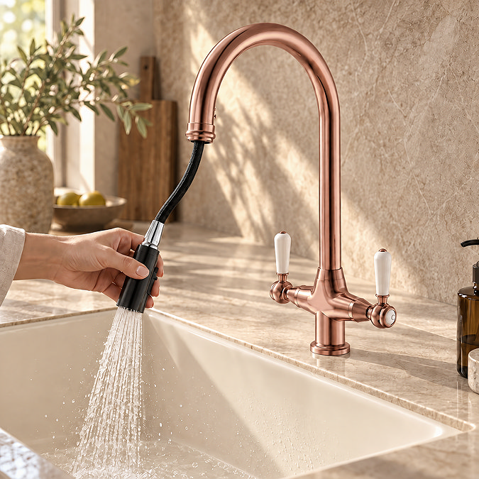 Bower Traditional Brushed Copper Dual-Lever Kitchen Tap with Pull-Out Rinse