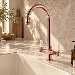 Bower Traditional Brushed Copper Dual-Lever Kitchen Tap with Pull-Out Rinse