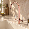 Bower Traditional Brushed Copper Dual-Lever Kitchen Tap with Pull-Out Rinse
