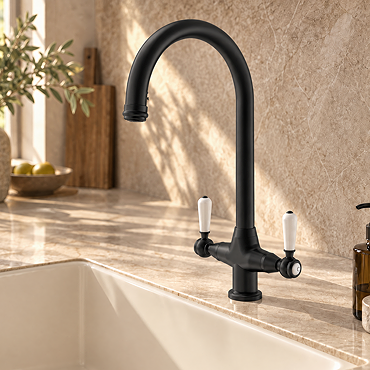 Bower Traditional Matt Black Dual-Lever Kitchen Tap with Pull-Out Rinse