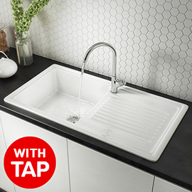 Bower White Ceramic 1.0 Bowl Kitchen Sink + Mixer Tap