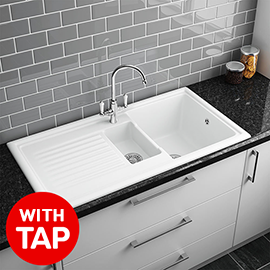 Bower White Ceramic 1.5 Bowl Kitchen Sink + Mixer Tap