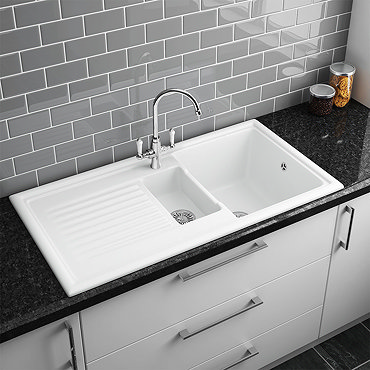 Bower White Ceramic 1.5 Bowl Kitchen Sink + Mixer Tap