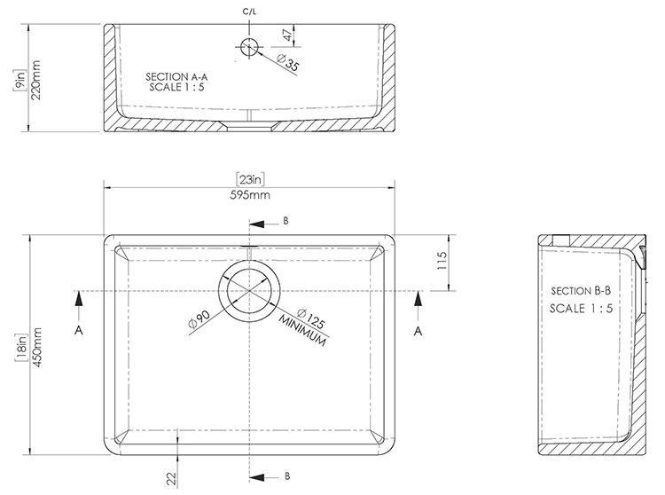 Bower White Ceramic Belfast Sink with Central Waste & Overflow 595 x 450 x 220mm