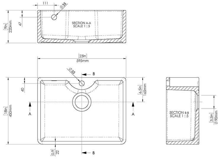 Bower White Ceramic Belfast Sink with Central Waste, Overflow & Tap Hole 595 x 450 x 220mm