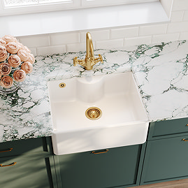 Bower White Ceramic Belfast Sink with Central Waste, Overflow & Tap Ledge 595 x 450 x 220mm