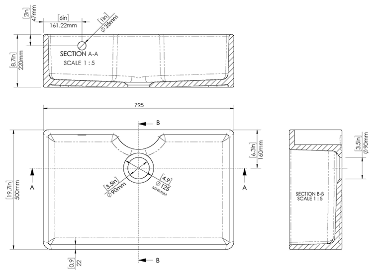 Bower White Ceramic Belfast Sink with Central Waste, Overflow & Tap Ledge 795 x 500 x 220mm