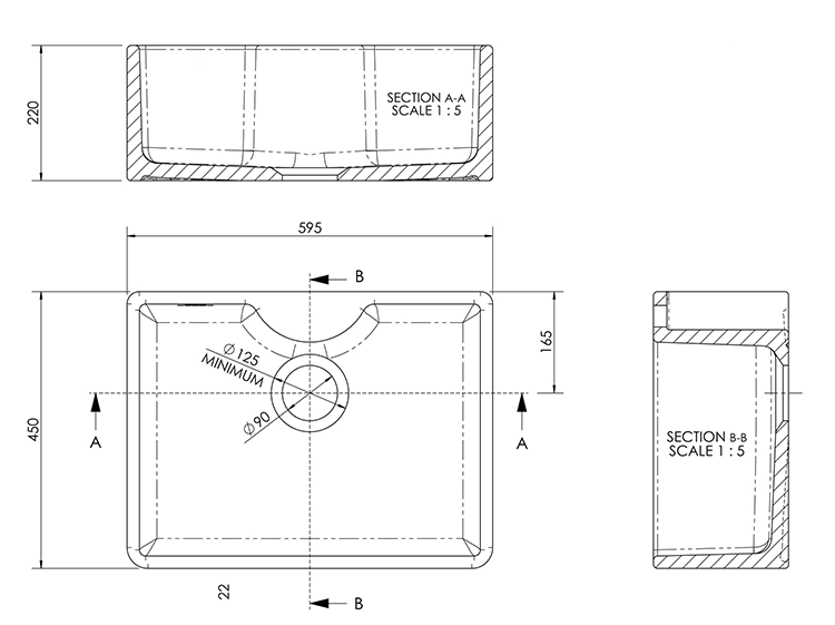 Bower White Ceramic Belfast Sink with Central Waste & Tap Ledge 595 x 450 x 220mm