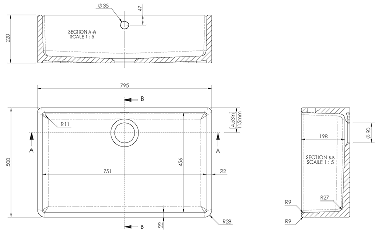 Bower White Ceramic Belfast Sink with Overflow 795 x 500 x 220mm
