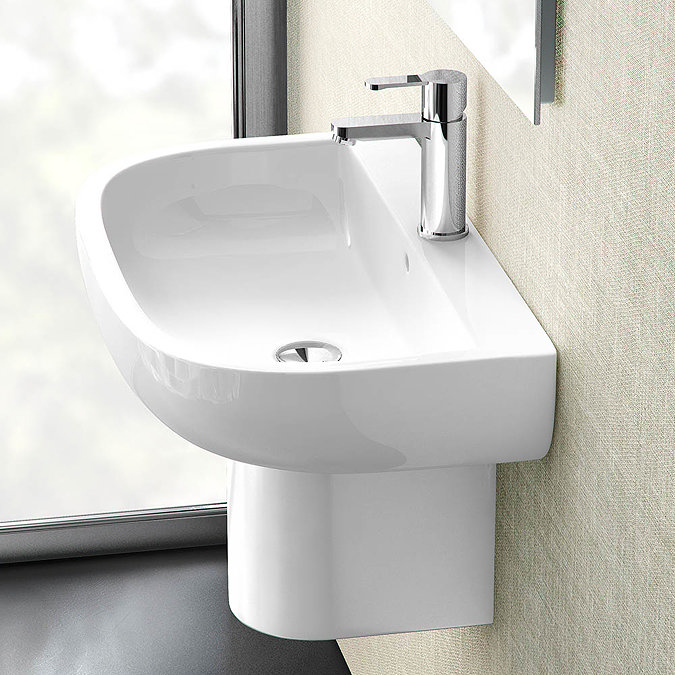 Britton Bathrooms - Compact Washbasin with Round Semi Pedestal - 3 Size Options  In Bathroom Large Image