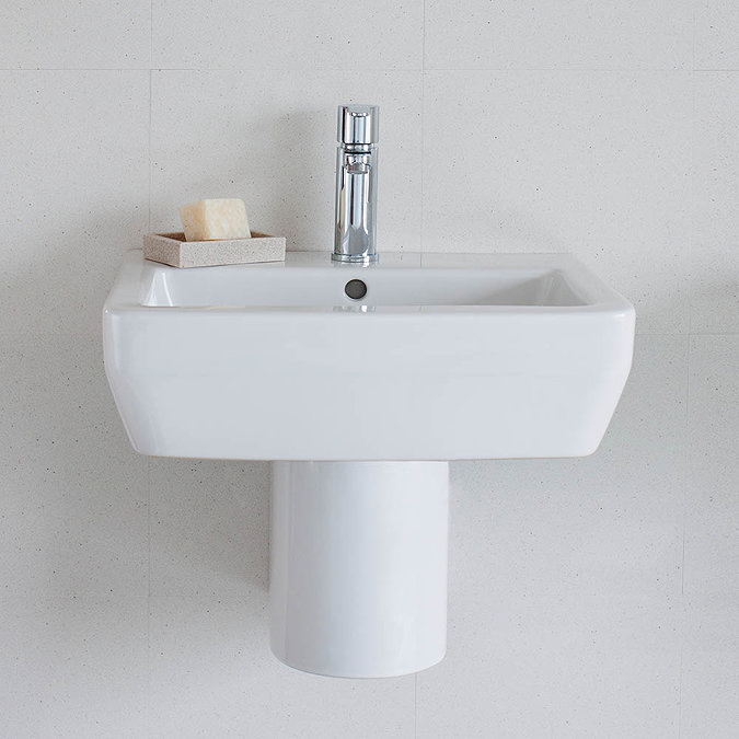 Britton Bathrooms - Cube S20 Washbasin with round semi pedestal - 2 Size Options  Profile Large Image