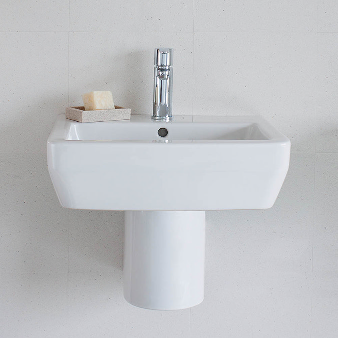 Britton Bathrooms - Cube S20 Washbasin with round semi pedestal - 2 Size Options Profile Large Image
