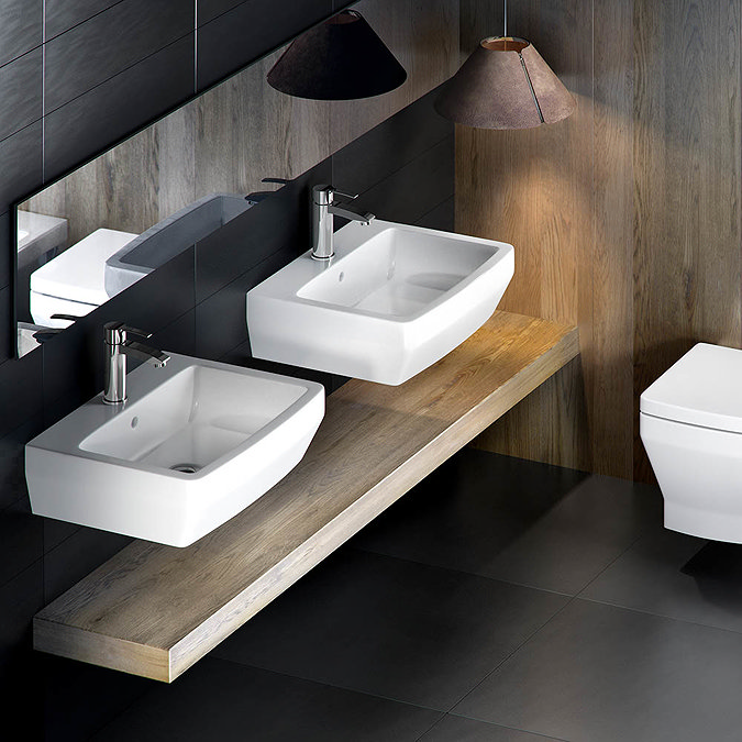 Britton Bathrooms - Cube S20 Washbasin with round semi pedestal - 2 Size Options  In Bathroom Large Image
