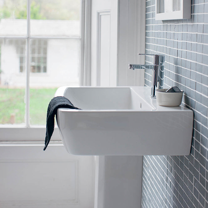 Britton Bathrooms - Cube S20 Washbasin with Square Full Pedestal - 2 Size Options Feature Large Ima