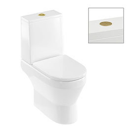 Britton Curve2 Rimless Close Coupled Open Back Toilet with Brushed Brass Flush Button + Soft Close S
