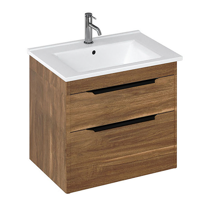 Britton Shoreditch 650mm Wall-Hung Double Drawer Vanity Unit with Black Handles - Caramel Large Imag