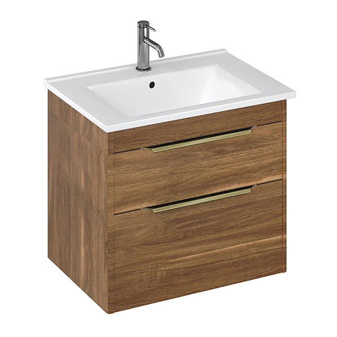 Britton Shoreditch 650mm Wall-Hung Double Drawer Vanity Unit with Brass Handles - Caramel Large Imag