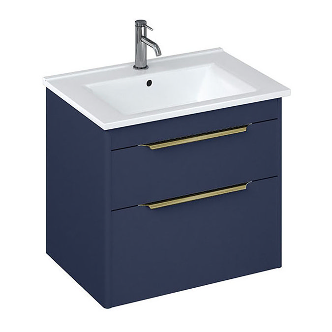 Britton Shoreditch 650mm Wall-Hung Double Drawer Vanity Unit with Brass Handles - Matt Blue Large Im