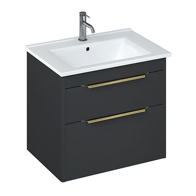 Britton Shoreditch 650mm Wall-Hung Double Drawer Vanity Unit with Brass Handles - Matt Grey Large Im