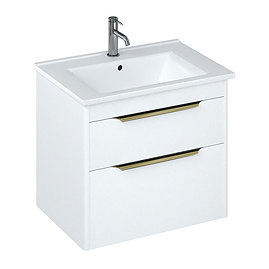 Britton Shoreditch 650mm Wall-Hung Double Drawer Vanity Unit with Brass Handles - Matt White Large I