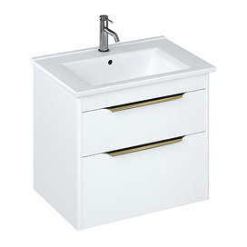 Britton Shoreditch 650mm Wall-Hung Double Drawer Vanity Unit with Brass Handles - Matt White Large I