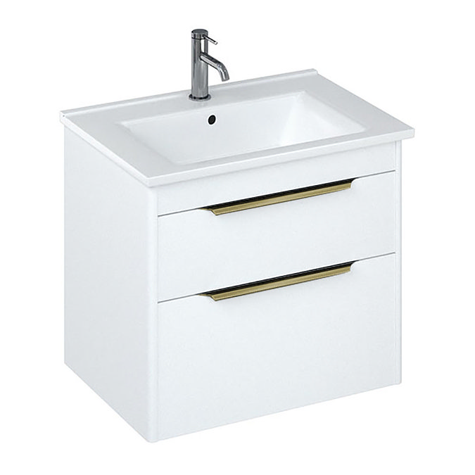 Britton Shoreditch 650mm Wall-Hung Double Drawer Vanity Unit with Brass Handles - Matt White Large I