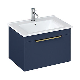 Britton Shoreditch 650mm Wall-Hung Single Drawer Vanity Unit with Brass Handle - Matt Blue Large Ima