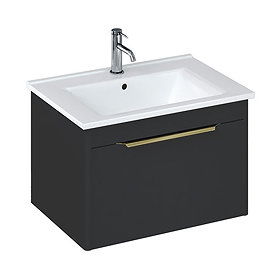 Britton Shoreditch 650mm Wall-Hung Single Drawer Vanity Unit with Brass Handle - Matt Grey Large Ima