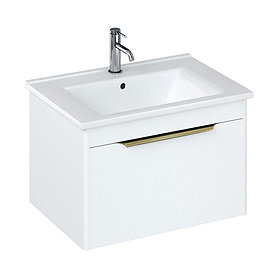 Britton Shoreditch 650mm Wall-Hung Single Drawer Vanity Unit with Brass Handle - Matt White Large Im