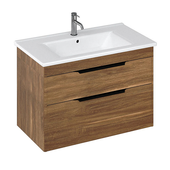 Britton Shoreditch 850mm Wall-Hung Double Drawer Vanity Unit with Black Handles - Caramel Large Imag