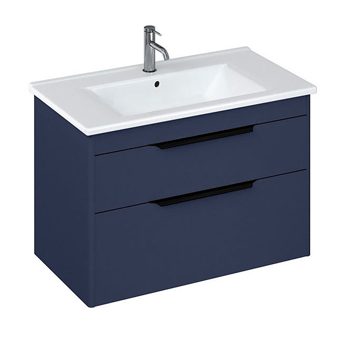 Britton Shoreditch 850mm Wall-Hung Double Drawer Vanity Unit with Black Handles - Matt Blue Large Im