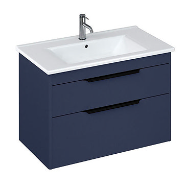 Britton Shoreditch 850mm Wall-Hung Double Drawer Vanity Unit with Black Handles - Matt Blue  Profile
