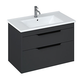 Britton Shoreditch 850mm Wall-Hung Double Drawer Vanity Unit with Black Handles - Matt Grey Large Im