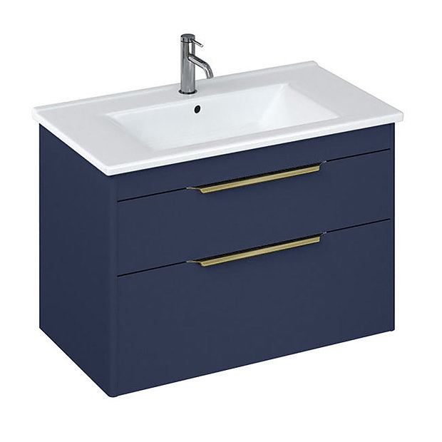 Britton Shoreditch 850mm Wall-Hung Double Drawer Vanity Unit with Brass Handles - Matt Blue Large Im
