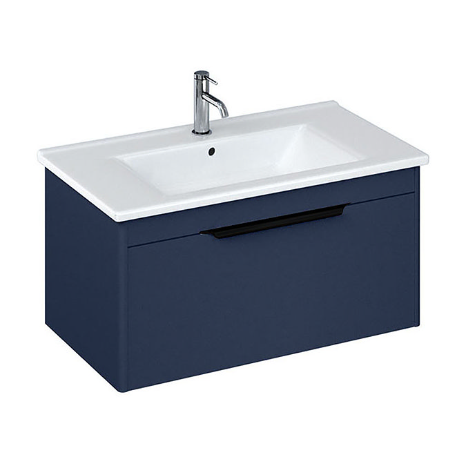 Britton Shoreditch 850mm Wall-Hung Single Drawer Vanity Unit with Black Handle - Matt Blue Large Ima