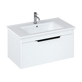 Britton Shoreditch 850mm Wall-Hung Single Drawer Vanity Unit with Black Handle - Matt White Large Im