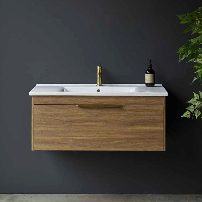 Britton Shoreditch 850mm Wall-Hung Single Drawer Vanity Unit with Brass Handle - Caramel Standard Large Image