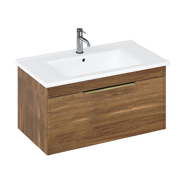 Britton Shoreditch 850mm Wall-Hung Single Drawer Vanity Unit with Brass Handle - Caramel Large Image