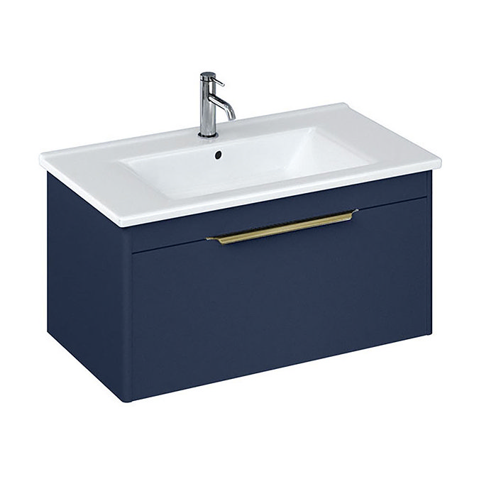 Britton Shoreditch 850mm Wall-Hung Single Drawer Vanity Unit with Brass Handle - Matt Blue Large Ima