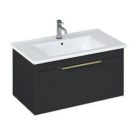 Britton Shoreditch 850mm Wall-Hung Single Drawer Vanity Unit with Brass Handle - Matt Grey Large Ima