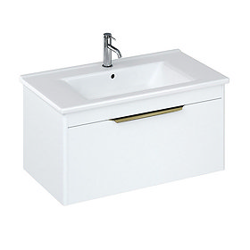 Britton Shoreditch 850mm Wall-Hung Single Drawer Vanity Unit with Brass Handle - Matt White Large Im