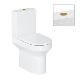 Britton Shoreditch Round Close Coupled Rimless Toilet with Brushed Brass Flush Button + Soft Close S