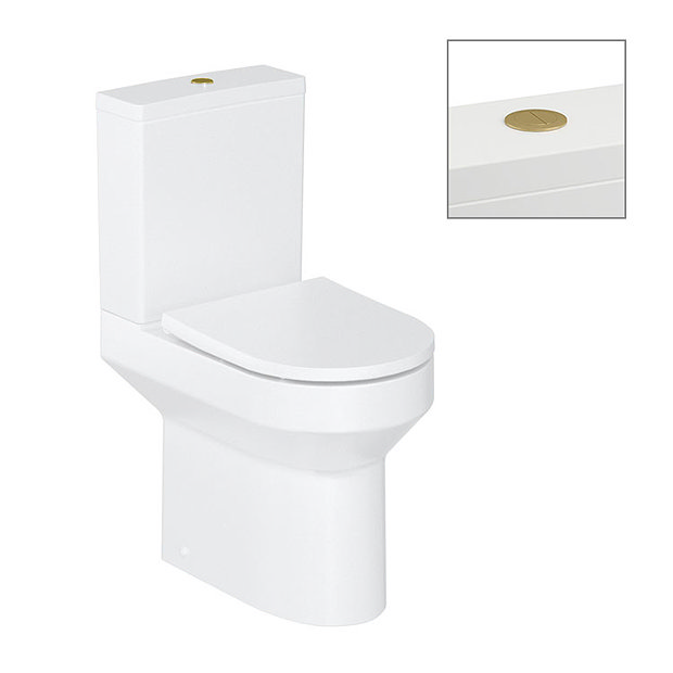 Britton Shoreditch Round Close Coupled Rimless Toilet with Brushed Brass Flush Button + Soft Close S
