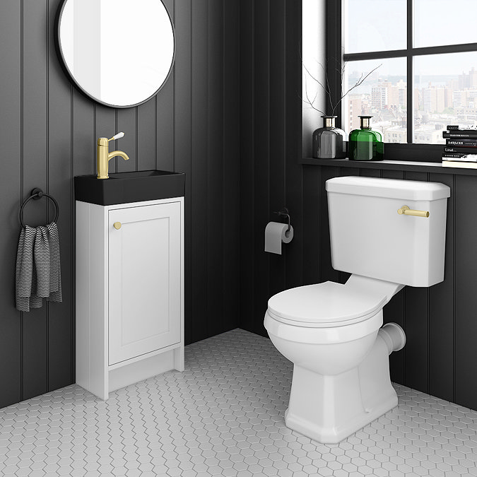 Bromley White Cloakroom Vanity Unit (incl. Black Basin + Brushed Brass Handle) Profile Large Image