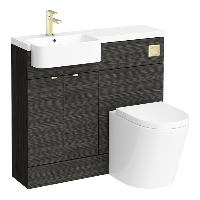 Brooklyn 1000 Black Round Semi-Recessed Combination Unit w. Brushed Brass Handles + Flush  In Bathro