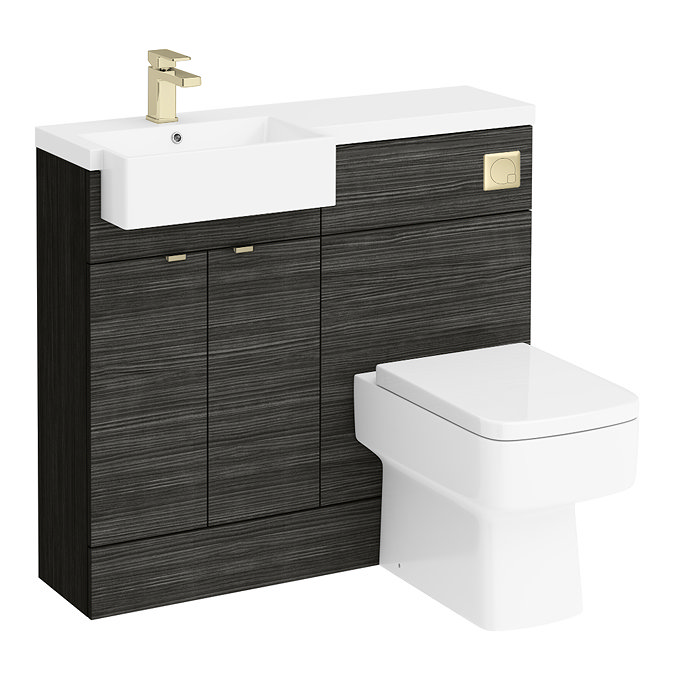 Brooklyn 1000 Black Square Semi-Recessed Combination Unit w. Brushed Brass Handles + Flush  In Bathr