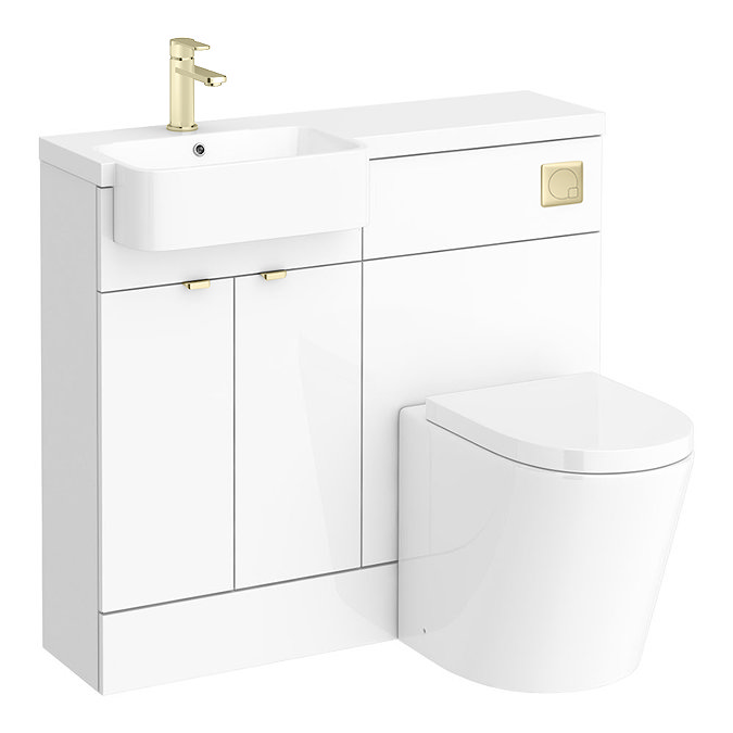 Brooklyn 1000 Gloss White Round Semi-Recessed Combination Unit w. Brushed Brass Handles + Flush  In 