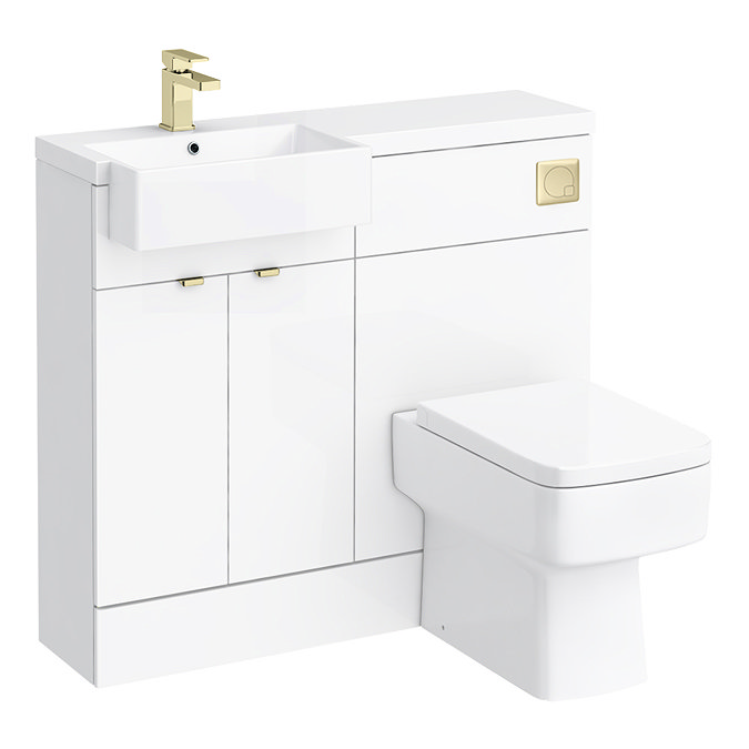 Brooklyn 1000 Gloss White Square Semi-Recessed Combination Unit w. Brushed Brass Handles + Flush  In
