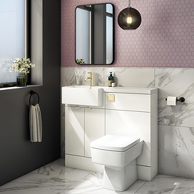 Brooklyn LH 1000 Gloss White Semi-Recessed Combination Unit w. Brass Handles + Flush (Square Basin,
