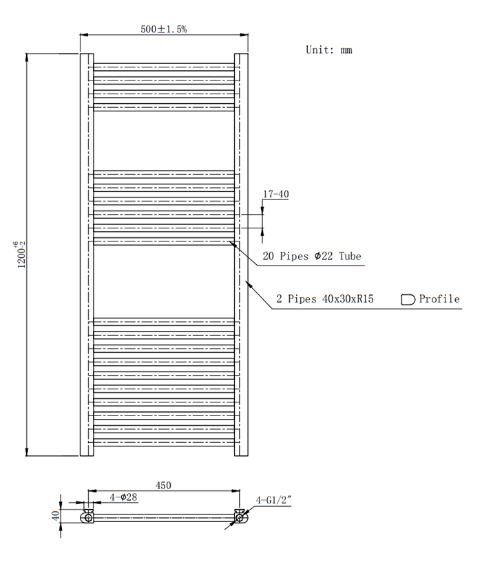 Brooklyn 1200 x 500mm Black Nickel Straight Heated Towel Rail